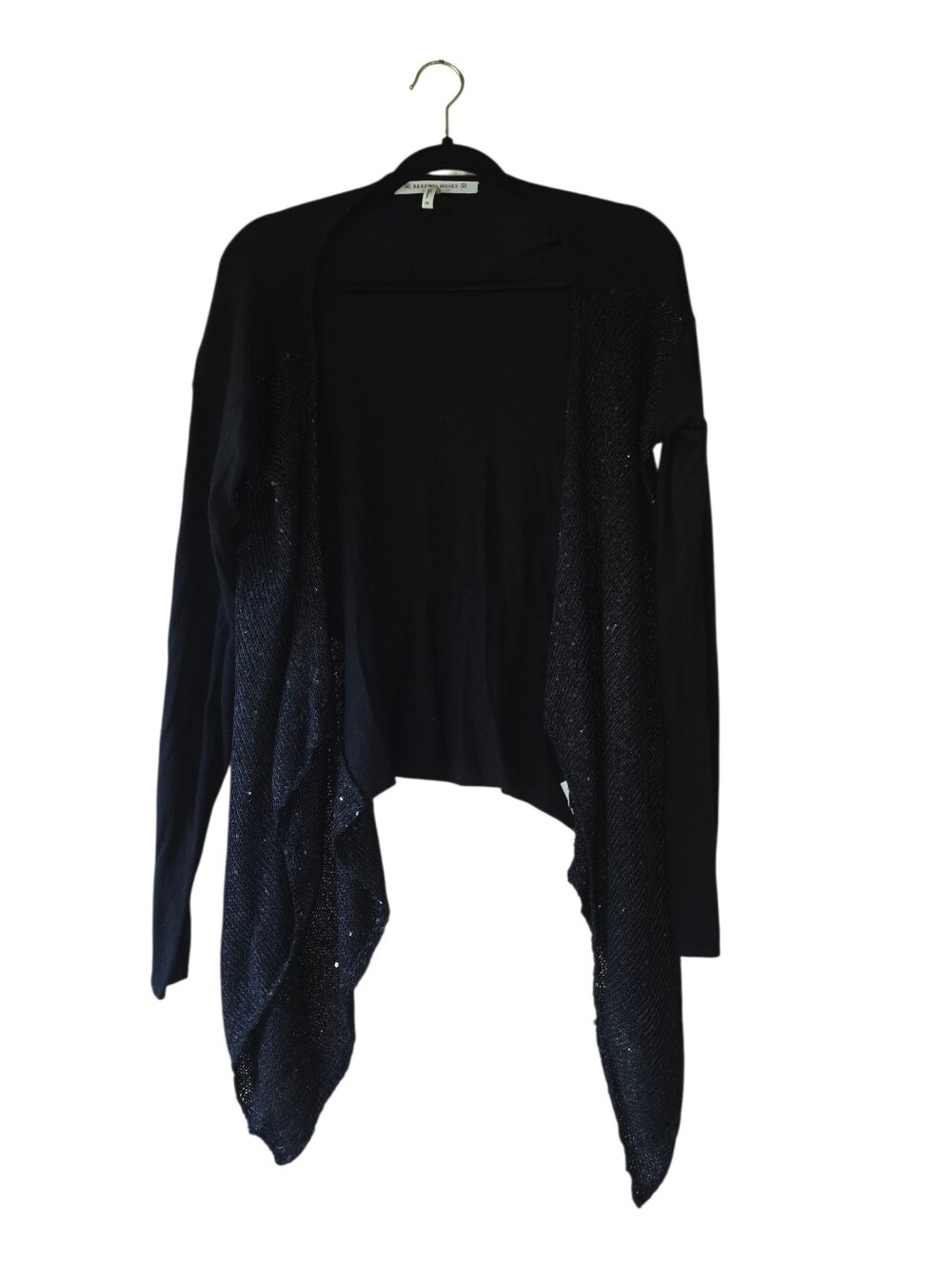 ​Rebecca Moses Black Draped Open Front Sequin Shimmer Sweater Medium